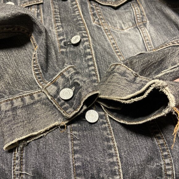 Gap Woman L Black Denim Girl Pwr Drinking Patches Jacket Irish Grunge Biker - Picture 6 of 9